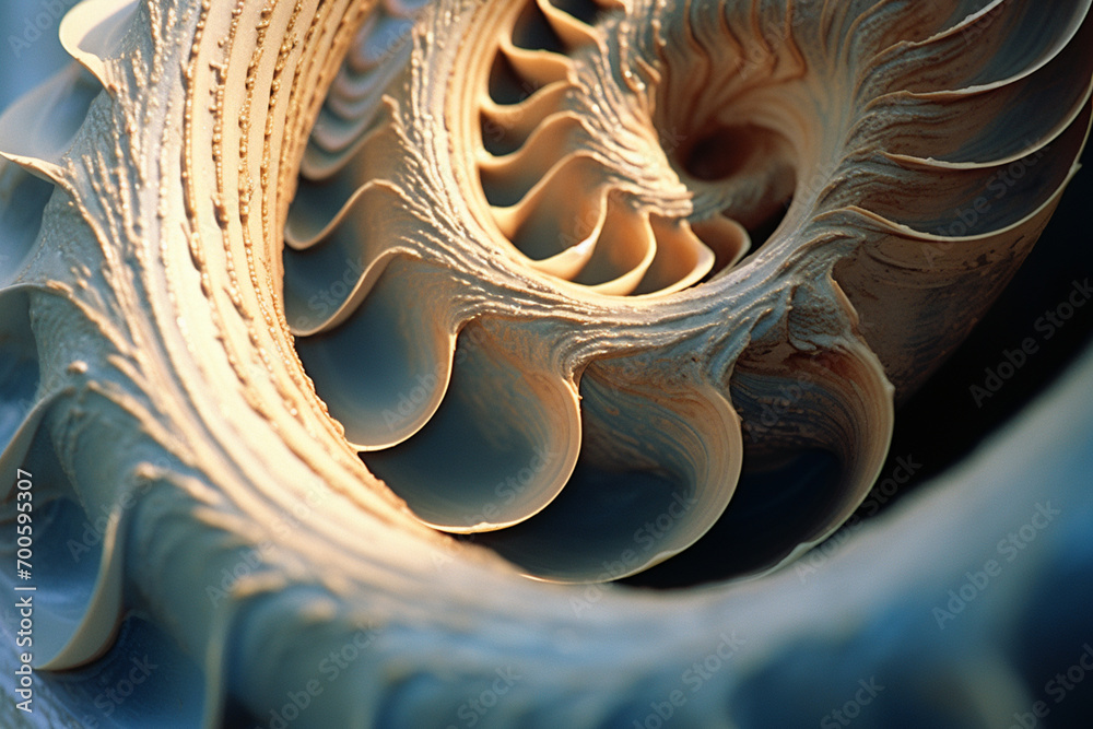 Poster An abstract macro photograph of a seashell, showcasing the intricate spiral patterns, smooth curves, and fine ridges that define its unique texture.