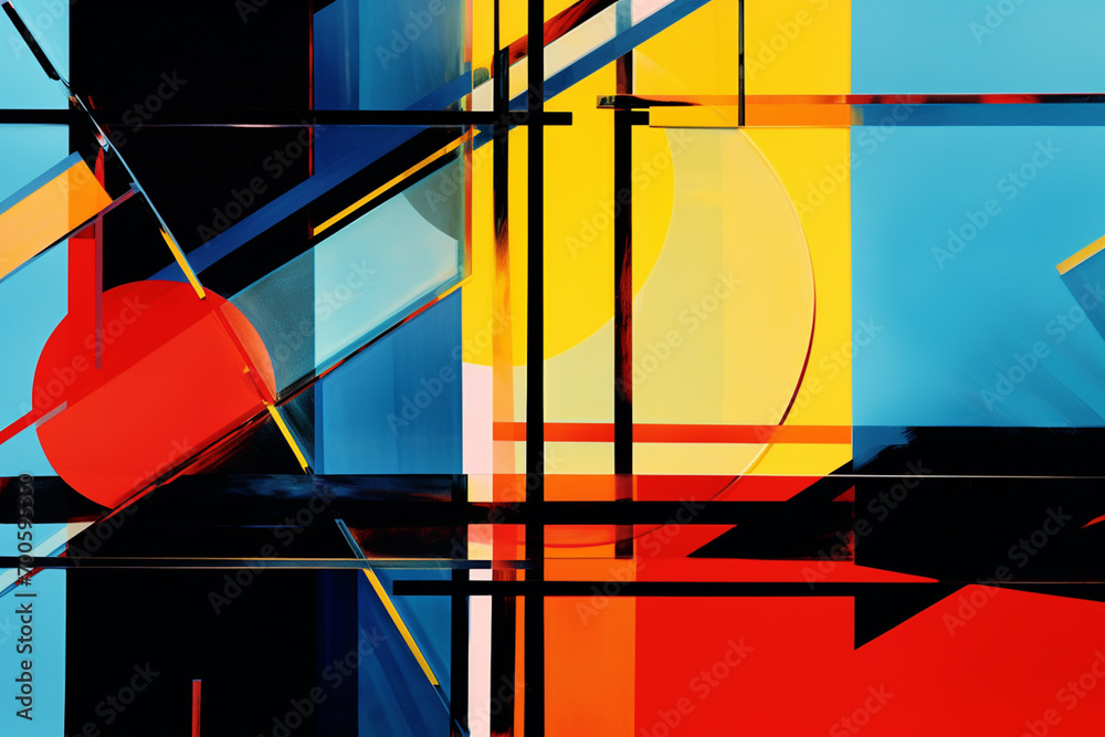 Fototapete An avant-garde abstract graphic composition, featuring intersecting lines, geometric shapes, and a harmonious blend of bold colors that create a visually striking and dynamic piece.