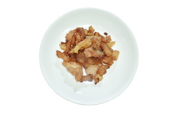 fried salty slice pork chin and belly arranging on plate