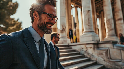 Smiling businessman moving down on steps with colleague near columns
