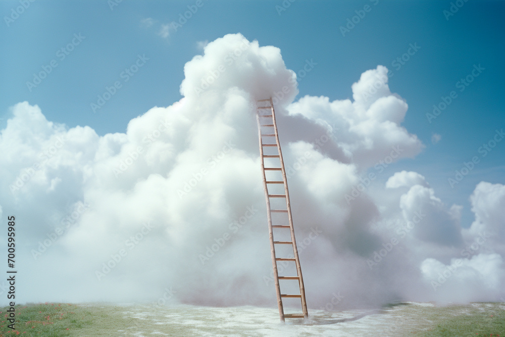 Poster a dreamy and surreal composition of a ladder extending from the earth to a cloud, inviting viewers t