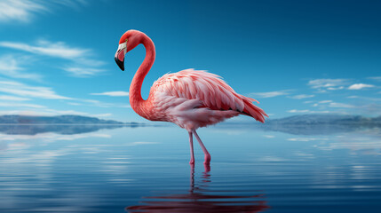 Bright pink flamingo standing in calm water reflection visible with a clear blue sky overhead and distant hills on the horizon