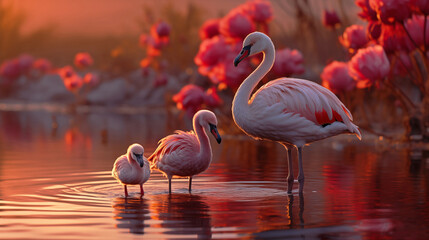 Three flamingos wade in water at dusk their pink and white feathers basked in the warm glow of the setting sun with more flamingos in the background