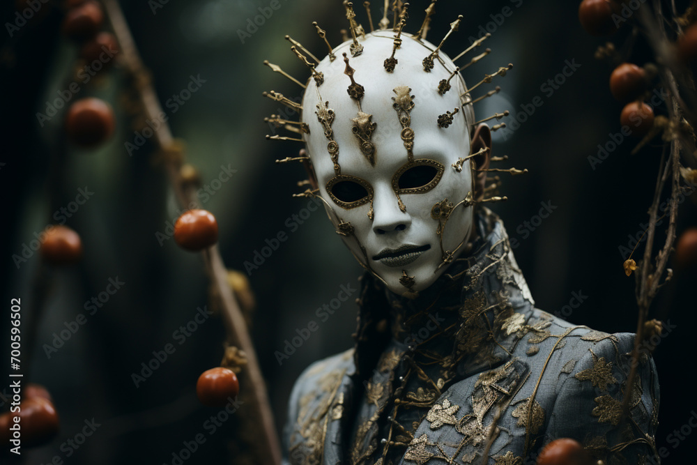 Fototapete a surreal and captivating image showcasing a person wearing a mask reminiscent of folklore, merging 