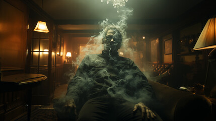 Man with smoke forms into a seated figure with a swirling head in a dark room with lamps and classic decor - obrazy, fototapety, plakaty