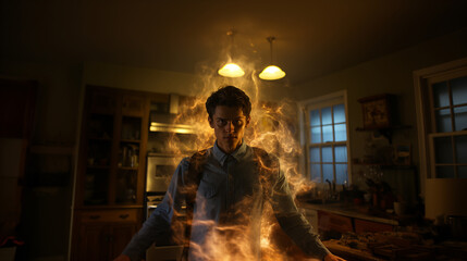Fototapeta na wymiar Smoke curls around a young man in a kitchen with hanging lights and wooden cabinets