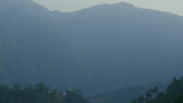 Couple of houses beneath a huge hill full of green trees and vegetation, houses surrounded by green nature.