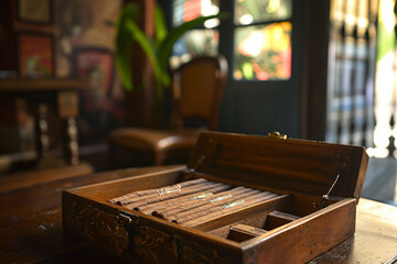 Box of cuban cigars on wooden table, atmospheric light. Generative AI