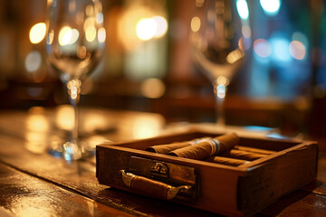 Box of cuban cigars on wooden table, atmospheric light. Generative AI - obrazy, fototapety, plakaty