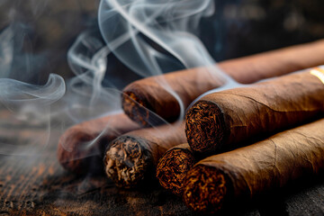 Cuban cigar with smoke, close up view with details, atmospheric light and background. generative AI - 700596985