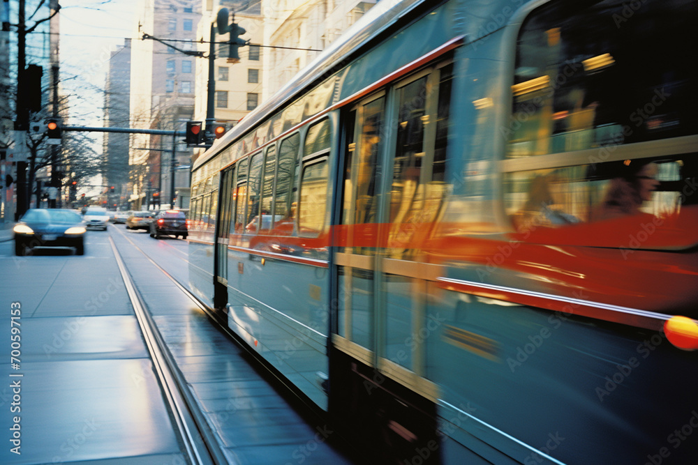 Poster a stylized graphic perspective of a streetcar navigating through city streets, with dynamic angles a