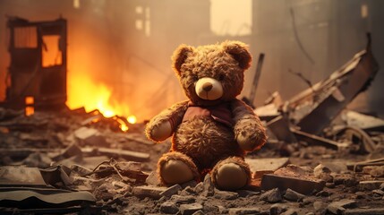 Teddy bear toys over a city's devastation, depicting the aftermath of conflict, war, earthquake, or fire. Smoke rises as a symbol of the world's battles against innocence and peace in children. Banner