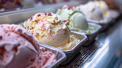 Close-up of the counter with pastel colored assortment of weight ice cream in metal tray in display...