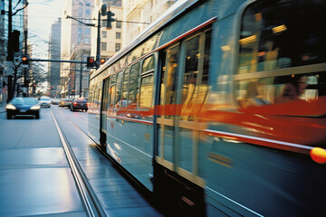 A stylized graphic perspective of a streetcar navigating through city streets, with dynamic angles and vibrant colors adding a contemporary flair.