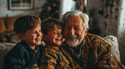 Fototapeta premium Smiling senior man sitting together with boys on sofa at home 