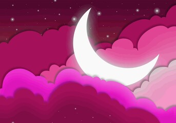Red shiny night sky with the moon, stars and clouds in paper cut style background