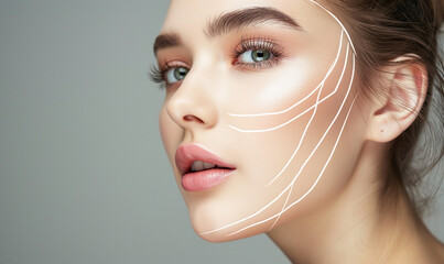 Lifting lines, advertising of face contour correction, female face skin lifting - obrazy, fototapety, plakaty