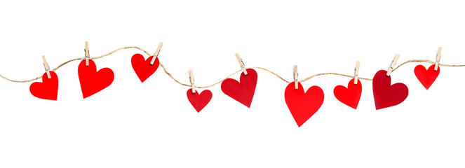 garland of hearts on clothespins on a white isolated background, decoration for valentine's day