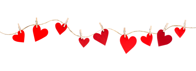 garland of hearts on clothespins on a white isolated background, decoration for valentine's day