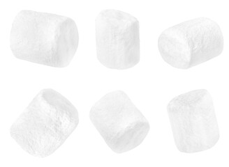 six marshmallows from different angles on a white isolated background