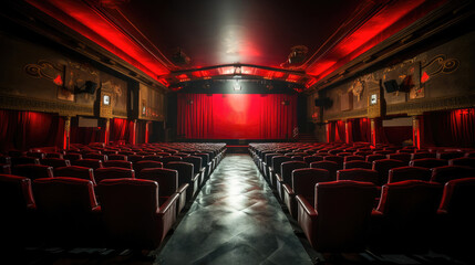 An empty cinema theater with red seats and curtains, ready for the next movie screening. - obrazy, fototapety, plakaty