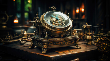 Elegant and intricate antique chronometer on a desk, showcasing exquisite craftsmanship and vintage mechanical design.