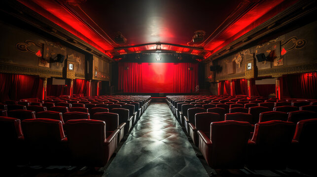 An empty cinema theater with red seats and curtains, ready for the next movie screening.