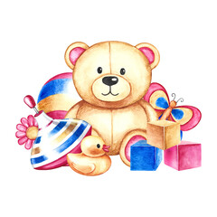 Children's toys, a teddy bear, a ball, a spinning top and cubes. Handmade watercolor illustration. For the design of children's books, postcards and flyers. For labels of packaging of children's goods