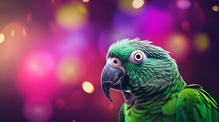 Papagaio verde isolado em um fundo roxo, lilás e lavanda com luzes desfocadas - Fundo de tela  - obrazy, fototapety, plakaty