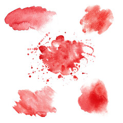 A set of abstract isolated red watercolor spots. An illustration made by hand in watercolor on paper. The grunge element for paper design.