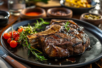 Grilled ribeye steak steak with asparagus and mashed potatoes on plate. 