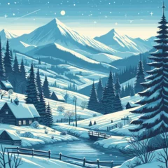 Gordijnen Free vector drawn chill winter landscape wallpaper  © MdAbdullah