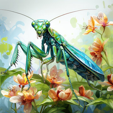 Watercolor Colorful Mantis Illustration, Generative Ai