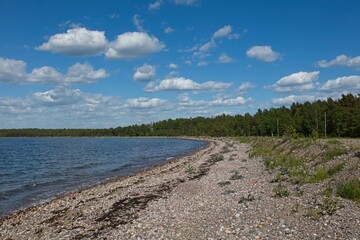 Fototapeta na wymiar Rocky seashore in sunny summer weather, Hanko, Finland.