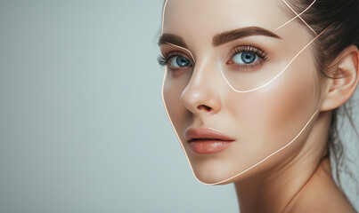 Lifting lines, advertising of face contour correction, female face skin lifting