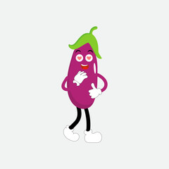 Cute eggplant character vector illustration. Flat eggplant cartoon character waving. Minimal purple eggplant fruit design for children books. Eggplant cartoon character