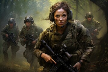 Female soldier alert in the jungle with squad - obrazy, fototapety, plakaty