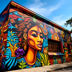 A vibrant street mural with cultural motifs.