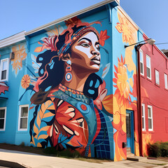 A vibrant street mural with cultural motifs.