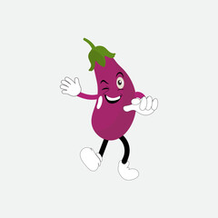 Cute eggplant character vector illustration. Flat eggplant cartoon character waving. Minimal purple eggplant fruit design for children books. Eggplant cartoon character