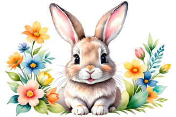 Cute bunny with spring colourful flowers on white background.