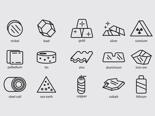 Set of metallic materials and precious metals outline icons related to most traded commodities.material base metal ore - obrazy, fototapety, plakaty