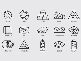 Poster Set of metallic materials and precious metals outline icons related to most traded commodities.material base metal ore © Rifai