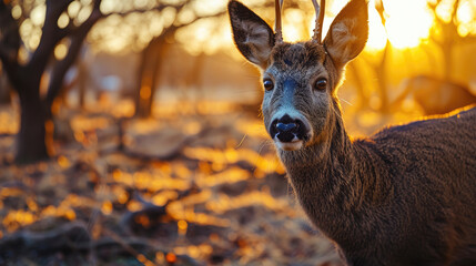 A wide-angle shot captures a curious roe deer gazing towards the camera in a sparse wooded area with the sun setting in the background
