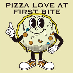 Pizza Character Design With Slogan Pizza love at first bite