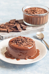 Chocolate dessert Panna Cotta on white plate, vertical