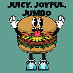 Burgers Character Design With Slogan Juicy, Joyful, Jumbo