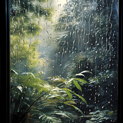 Raindrops falling on a windowpane.