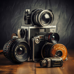 Vintage film camera and rolls of film.