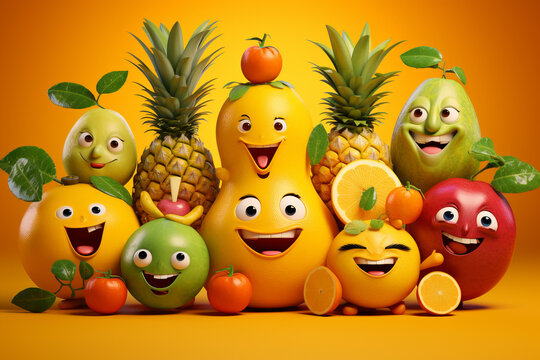 Bright and fun AI picture of various fruit characters with funny faces, isolated on a colorful background.  generative ai,  generative,  ai, 